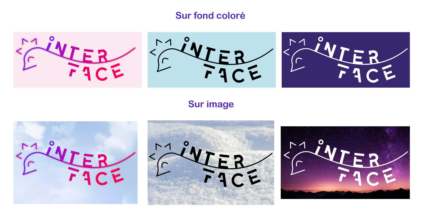 Utilisations du logo (sur fond coloré et sur image).