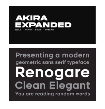 Polices d'écriture choisies (Akira Expanded et Renogare).