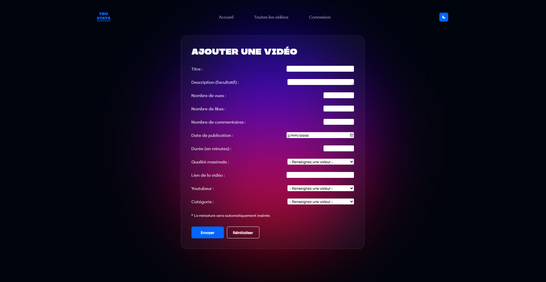 Page d'ajout d'une vidéo au site web.