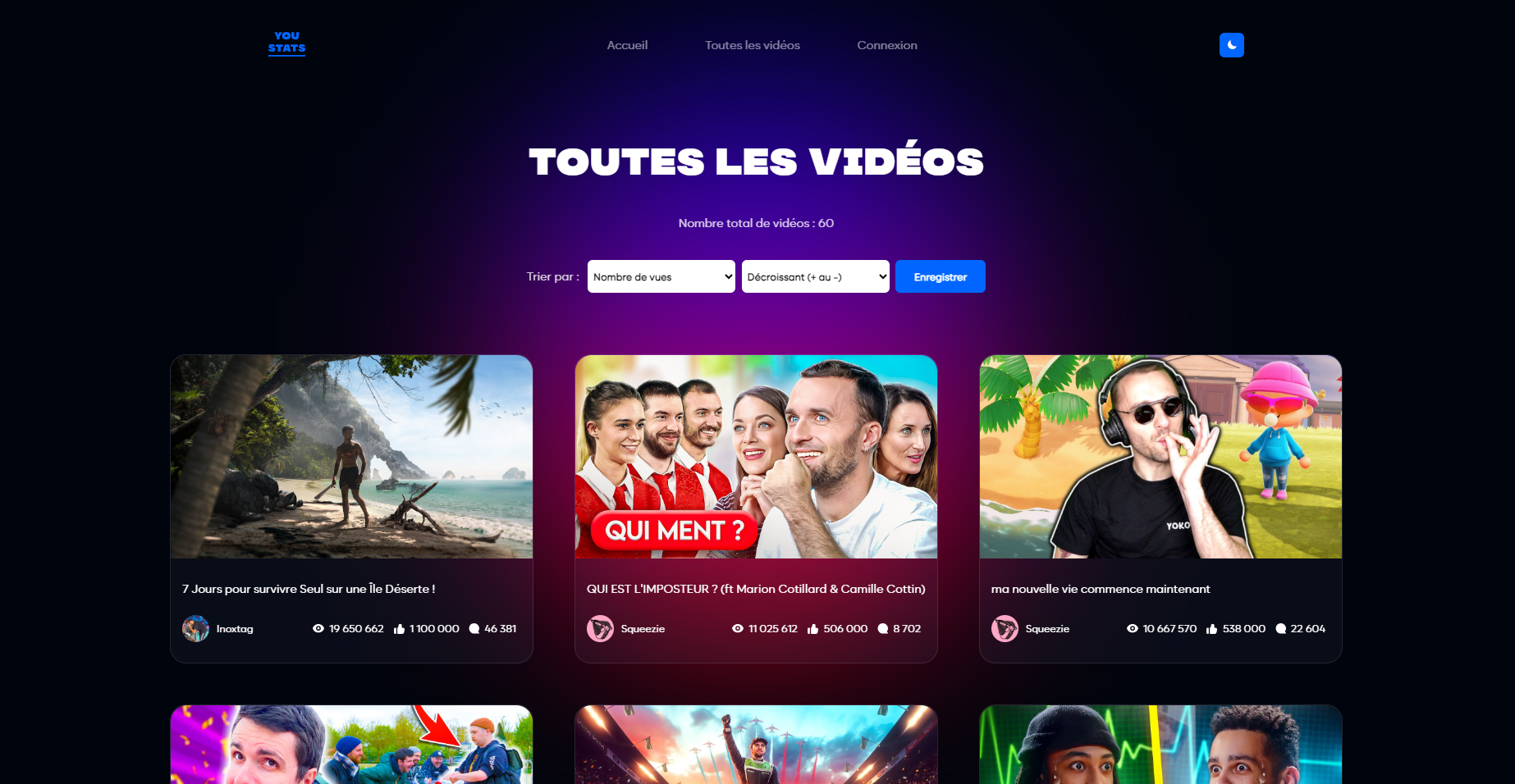 Page dédiée à l'affichage de toutes les vidéos.