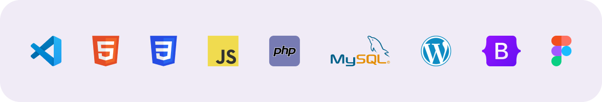 Technologies et logiciels en développement web maîtrisés : Visual Studio Code, HTML, CSS, Javascript, PHP, MySQL, WordPress, Bootstrap et Figma.